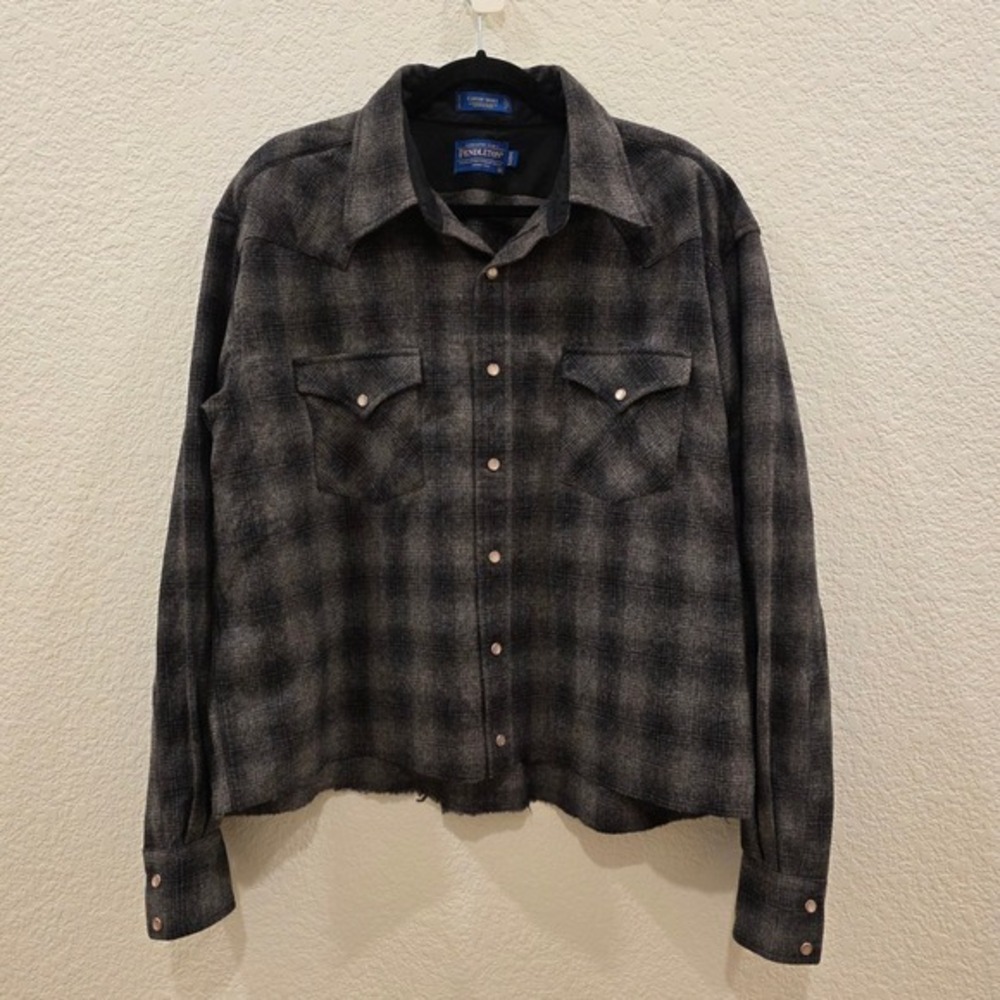 Pendleton Canyon Shirt XL Long Grey Black Plaid Wool‎ Western Cropped Raw Hem